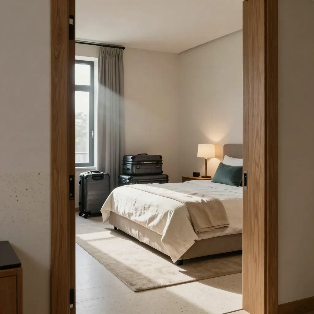 Serviced apartment bedroom with made bed, stacked luggage, warm lamp glow and teal accent.