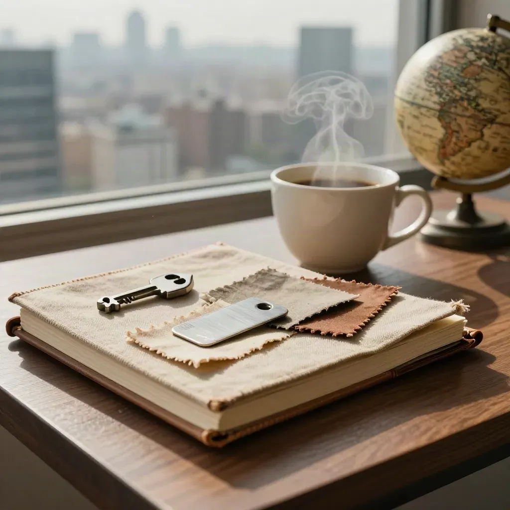 Closed notebook, coffee cup, swatches, transit token and globe by a window seat.