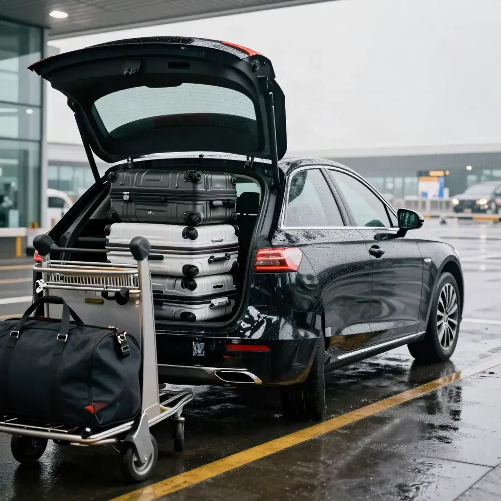 Open sedan boot with luggage at a rainy airport curbside, ready to depart.