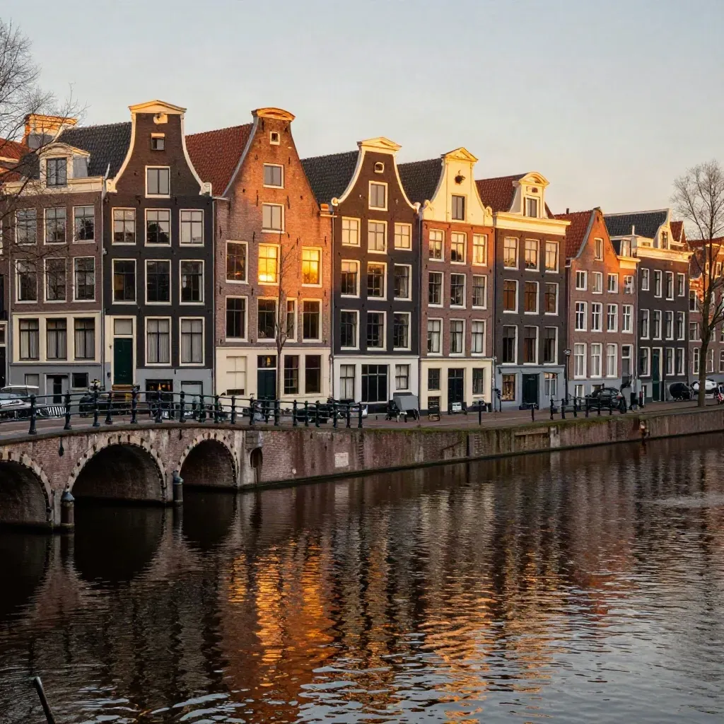 Amsterdam canal gables at golden dusk with bridge lines and glowing windows over calm reflective water.